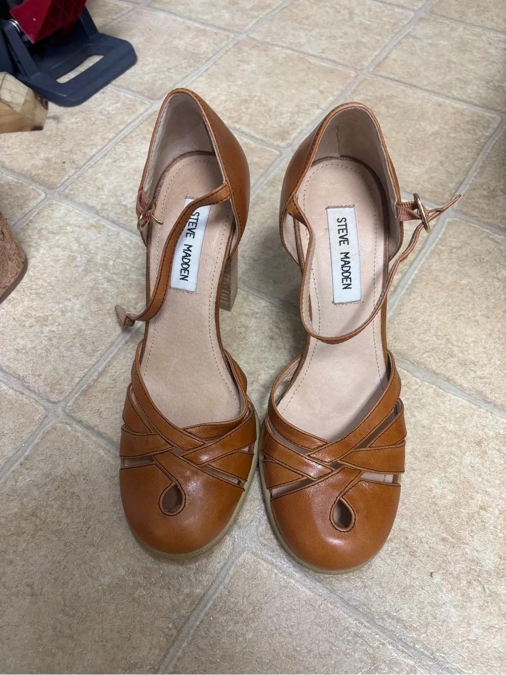 Steve Madden Tan Leather Ankle-Strap Peep-Toe Heels